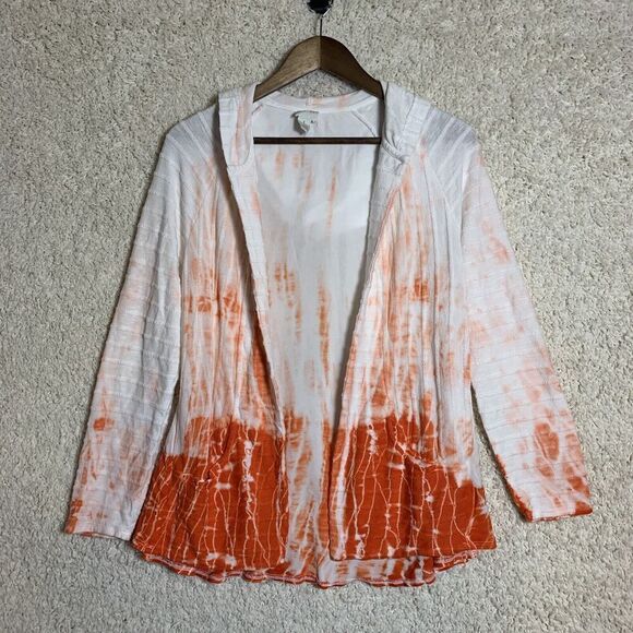 Chicos Zenergy Sweater Medium‎ Orange Tie Dye Open Hooded Cardigan Long Sleeve - Picture 1 of 7
